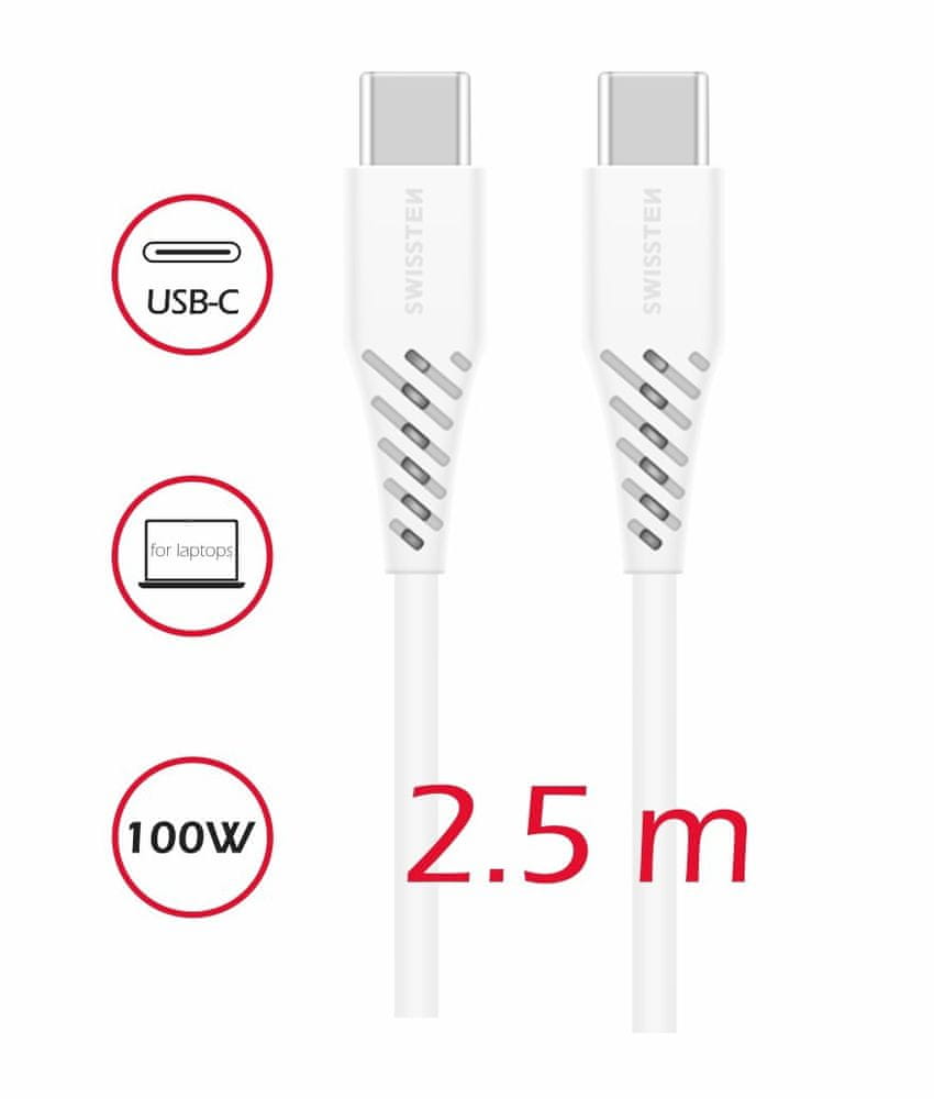 SWISSTEN DÁTOVÝ KÁBEL TPE USB-C/USB-C POWER DELIVERY 5A (100W) 2,5 M 71506530, BIELY